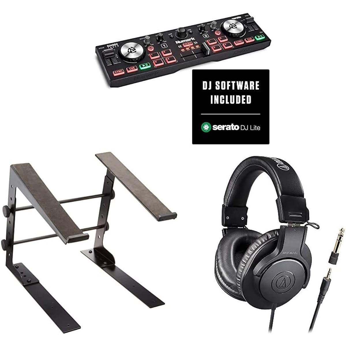 Numark Compact DJ Beginner Headphone Set DJ Controller DJ2GO2 Touch + Headphones + Stand