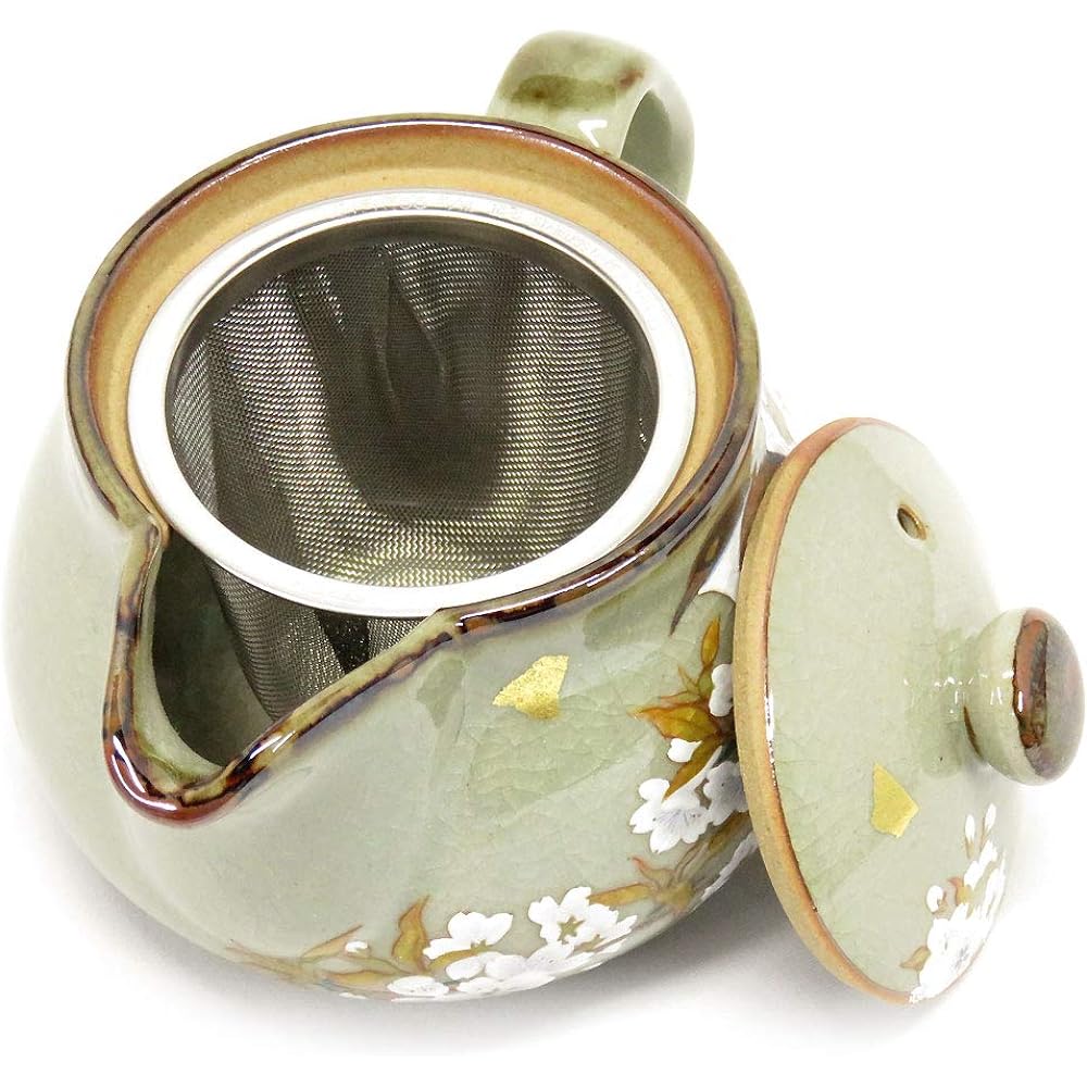 Kutani ware pottery teapot pot gold leaf mountain cherry and bird (with tea strainer)
