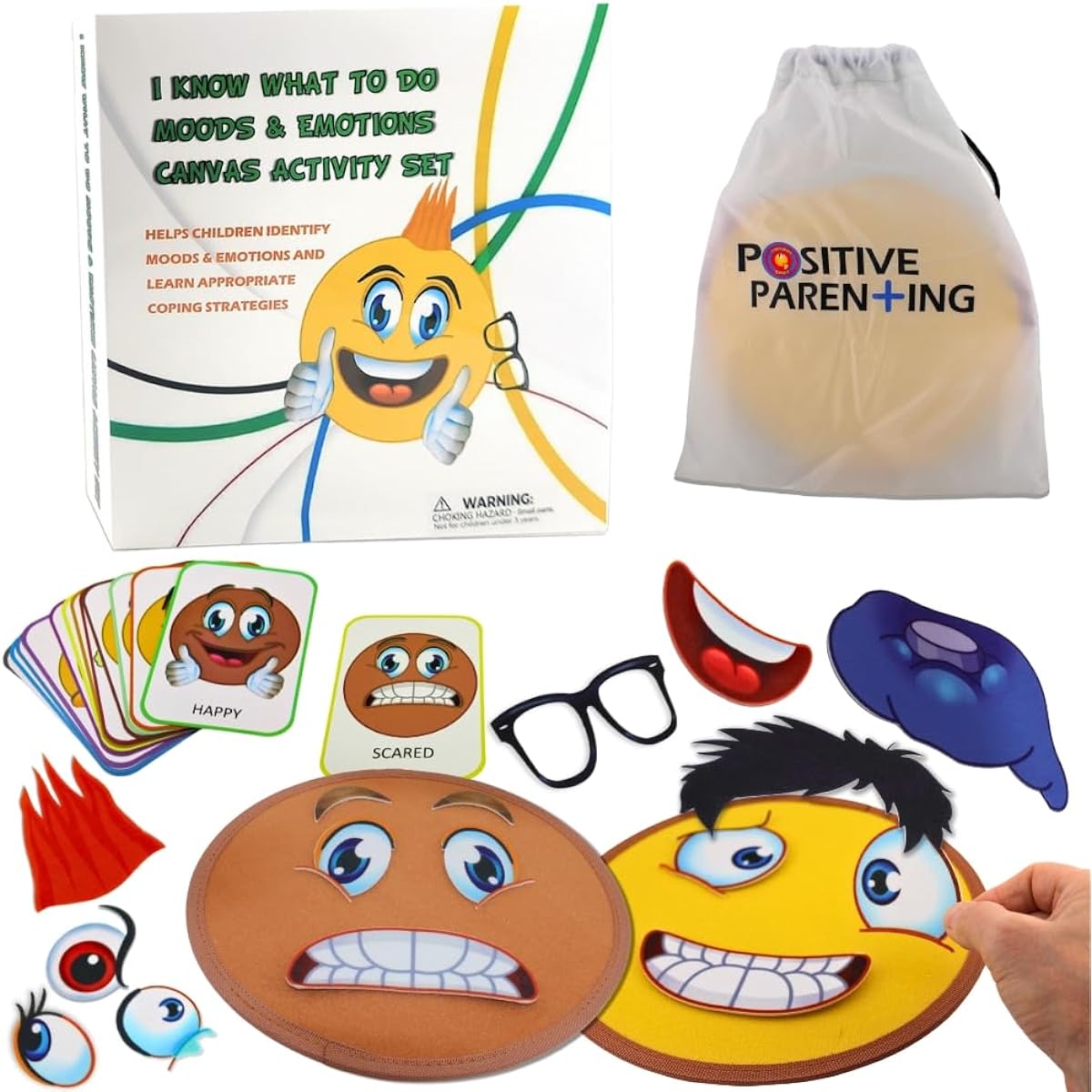 Thought-Spot: Emotions Canvas Activity Set, Social Activity Game, Make Faces, Explain/Express Emotions, 2 Canvases, 12 Double-Sided/Emotion Cards, 55 Facial Expressions, Preschool Kids, Ages 3+