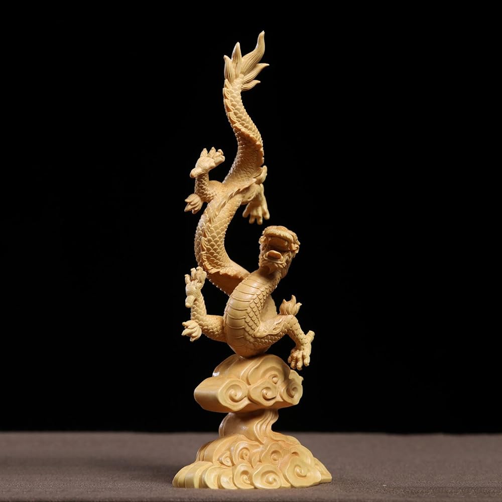 Dragon Figurine, Wood Carving, Year of the Dragon Figurine, Dragon God Goods, Financial Luck Figurine (Height 20cm x Width 8.5cm)