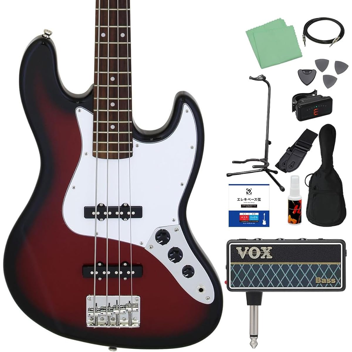 LEGEND LJB-Z Red Black Sunburst Bass Beginner 12-piece Set [with amPlug] Jazz Bass Type Legend