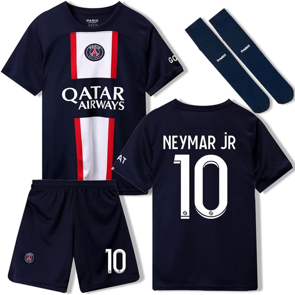 PSG 22-23 Soccer Uniform Kids Messi Neymar Mbappe Number 7 Number 10 Number 30 "Top and Bottom Set" Home Paris Saint-Germain Football Children's Practice Wear Junior Soccer T-Shirt Short Sleeve Sports Shirt (Number 10,20)