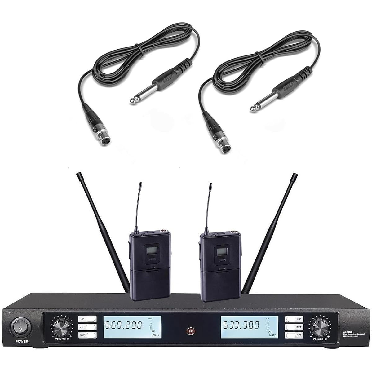 Dual Channel Wireless Guitar System with 1/4" Jack Instrument Cable, Perfect for Guitar and Bass, 300ft Range