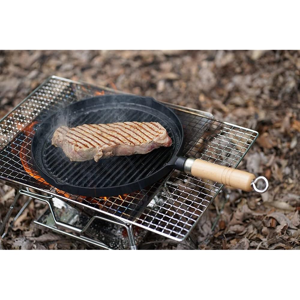Ikenaga Ironworks Grill Pan, Cast Iron, IH/Gas Fire, Wooden Handle Plate, Meat Dishes, Steak, Grilling Grain, 26.4cm, Outdoor, Iron Replenishment