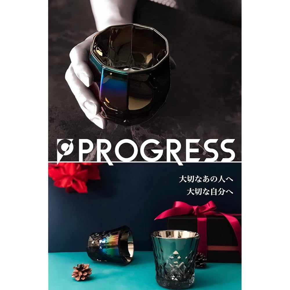 PROGRESS Made in Japan Old SunFly Titanium Coated Pair Glass Rock Wine Whiskey Present with Coaster Infinite Marriage