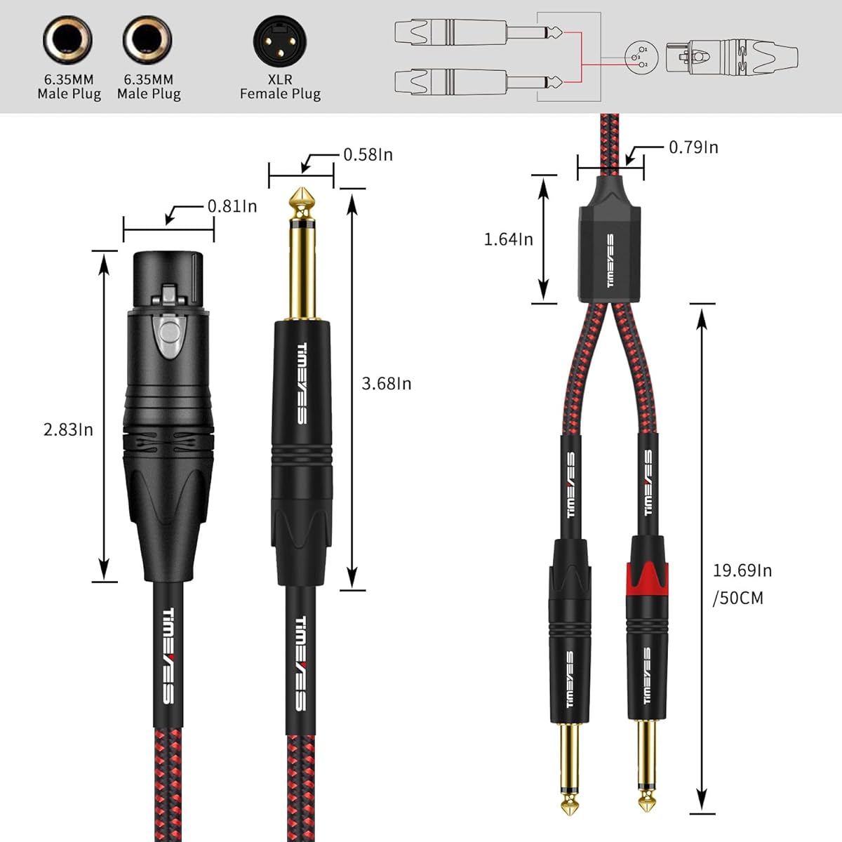 TIMEYES 1/4" to XLR Microphone Cable 10ft XLR Female to Dual 6.35mm TS Mono Audio Cable - Dual 1/4" to XLR Mic Y Splitter Cable - XLR to 2 x 6.35mm Unbalanced Breakout Adapter Cord - 3M