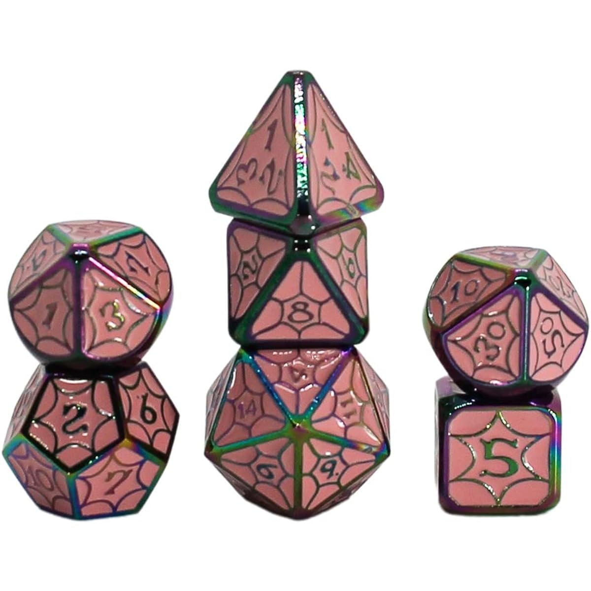 Seven Seas Pirates Metal Pink Enamel Rainbow Spider Web Dice Set with Hexagonal Wooden Display Box and Magnetic Lid