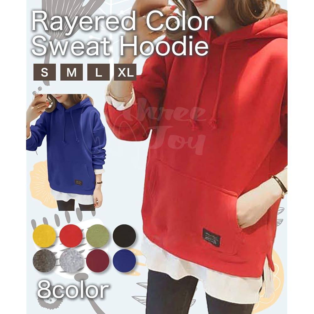 [three Joy] [Limited stock] Hooded hoodie, brushed lining, fake hoodie, sweatshirt, pullover, with front pocket, women's S-XL