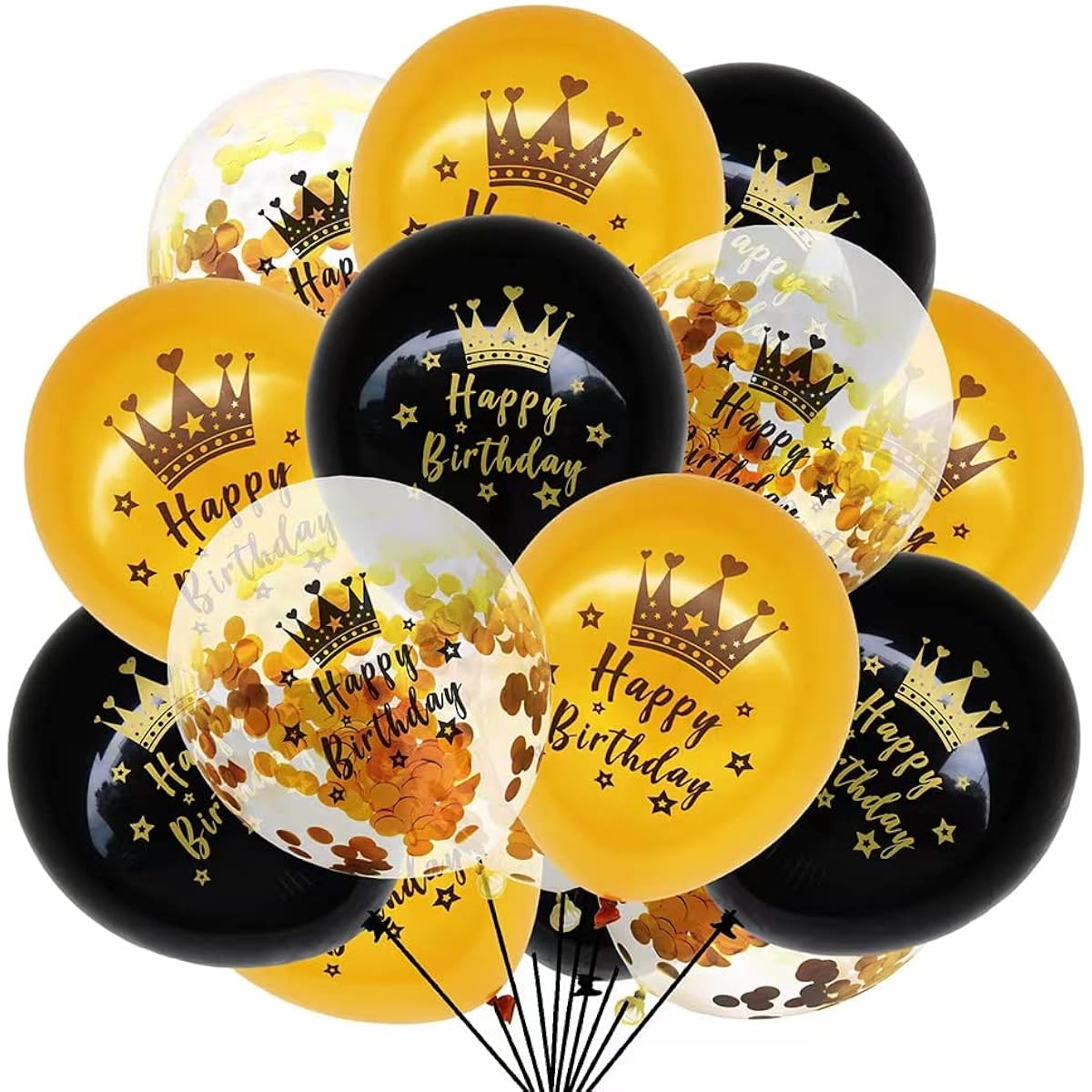 Restards Happy Birthday Balloons 15 Pack Gold and Black 12 Inch Confetti Latex Crown Birthday Balloons for Baby Shower Kids Women Men Birthday Party