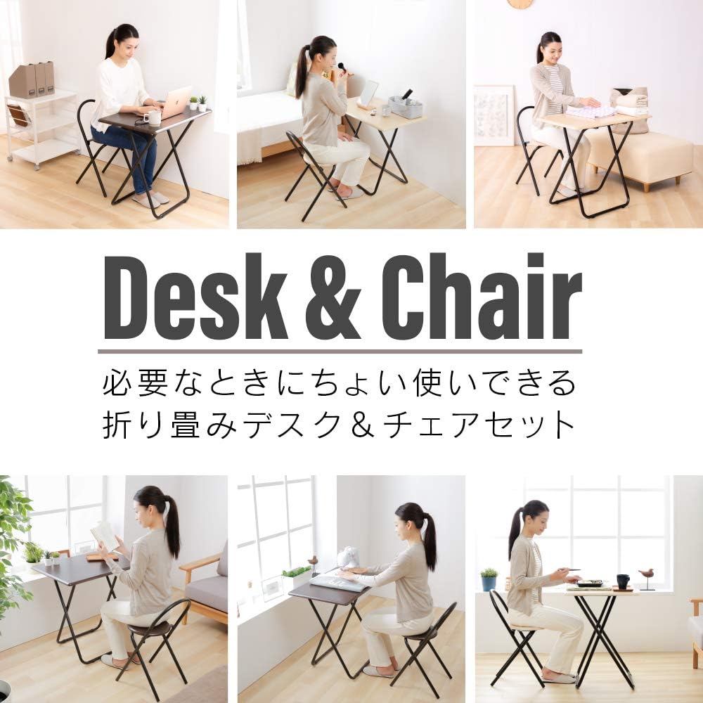 Iris Plaza Desk Folding Chair Chair Set Home Telework Folding Desk Chair Set Desk Brown ODACS-70BN