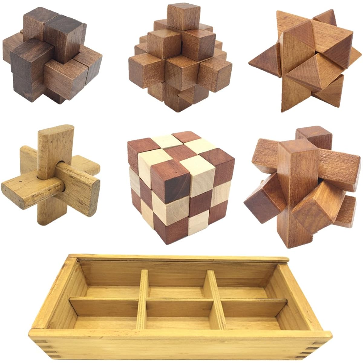 Guaishou 6-in-One 3D Luxury Wooden Brain Puzzle Teaser Kongming Lock for Teens and Adults Includes Storage Box