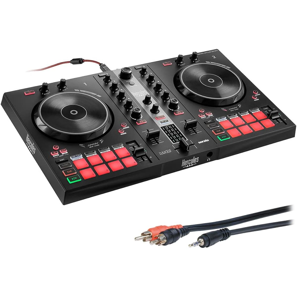 Hercules DJ Control Inpulse 300 2 Deck USB DJ Controller for Serato DJ Lite DJUCED 6ft Comprehensive Standard Series 3.5mm Stereo Mini Plug to 2 RCA Plug Audio Cable
