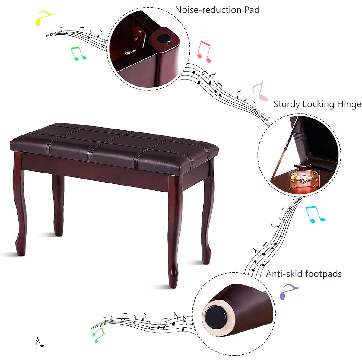Happygrill Piano Bench with PU Leather Padded Cushion, Comfortable Double Duet Seat Stool with Storage and Sturdy Wooden Legs