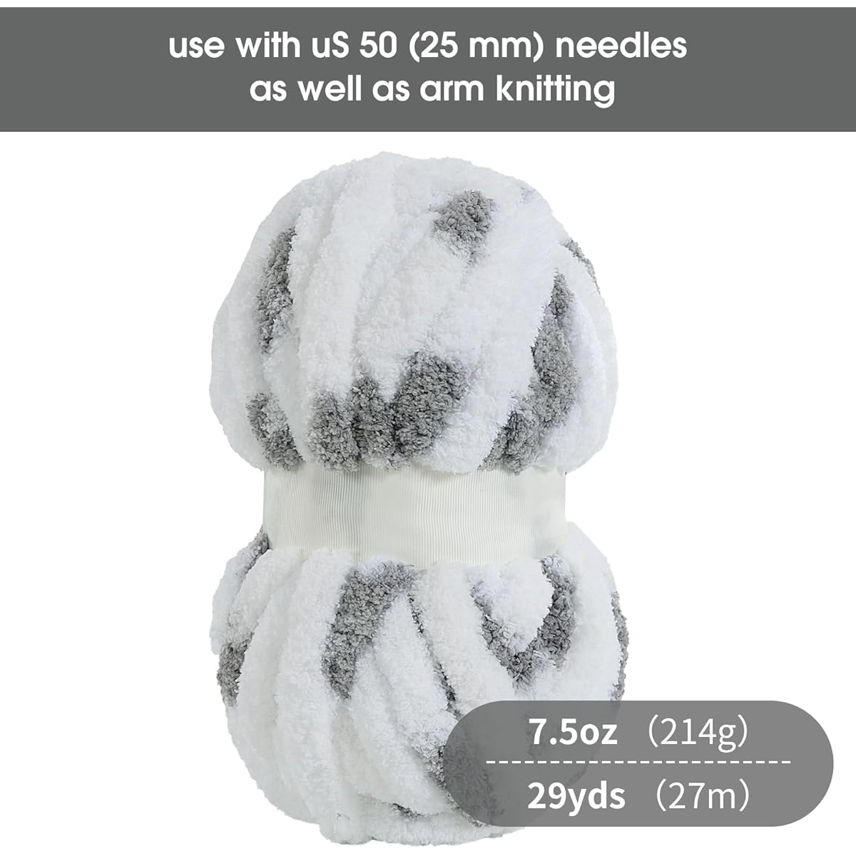 HOMBYS Chunky Chenille Yarn for Hand Knitting Fluffy Plush Thick Yarn for Arm Knitting Super Bulky Giant Yarn Big Soft Speckle Yarn for Crochet 8 Jumbo Pack White & Gray (29 Yards Each 7.5 Ounce Each Skein)