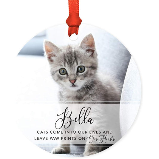Andaz Press Photo Name Round Metal Cat Pet Animal Keepsake Ornament Gift Charlie Cat Come Into Our Lives and Leave Paw Prints On Our Hearts, Modern 1 Pack, Custom