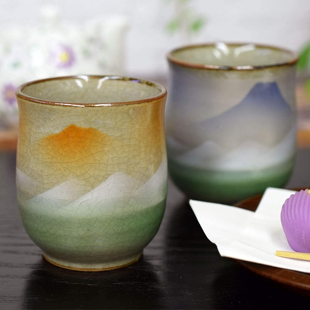 Stylish Kutani ware Couple Tea Cup Fuji Mountain Range Ceramic Japanese Tableware Pair Tea Cup Made in Japan
