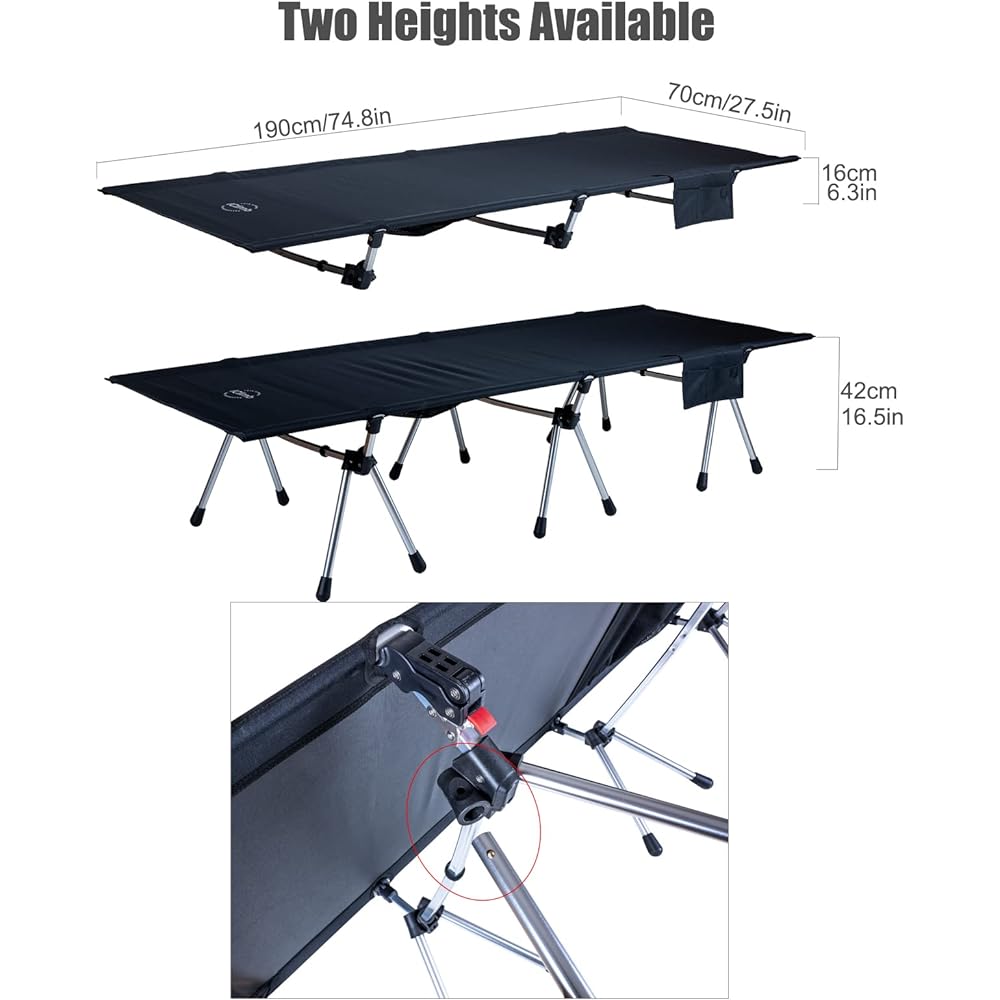 iClimb Outdoor Folding Bed, 2WAY Height Adjustable, Assembles in Seconds, Ultra Light, Compact, Simple Bed, Load Capacity 150kg, Side Pocket, Storage Bag Included, Nap, Camping, Garden, Disaster Prevention, Backpacking (Black-L)