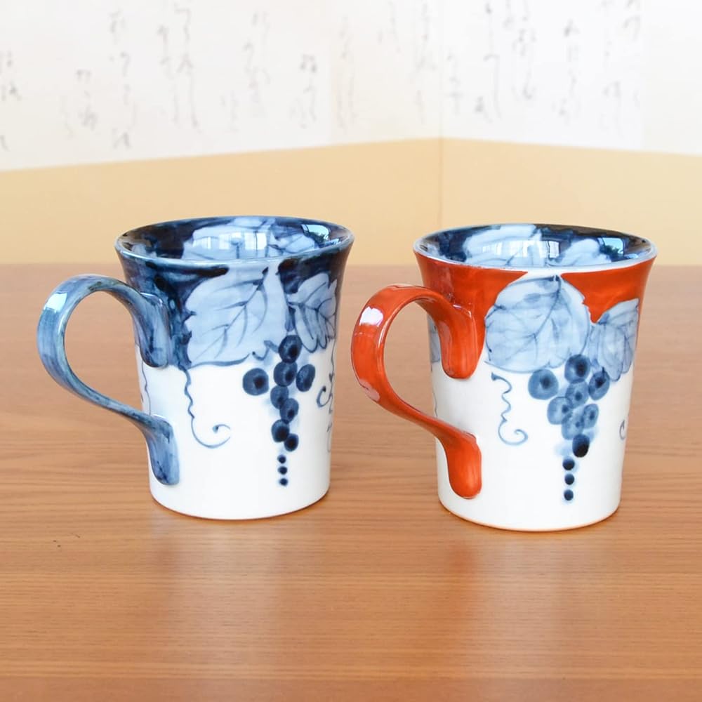 Happy Birthday Gift, Pair of Mugs, Arita Ware, Microwave Safe, Comes with Noshi and Message Card, Wooden Box, Fuchino Grape