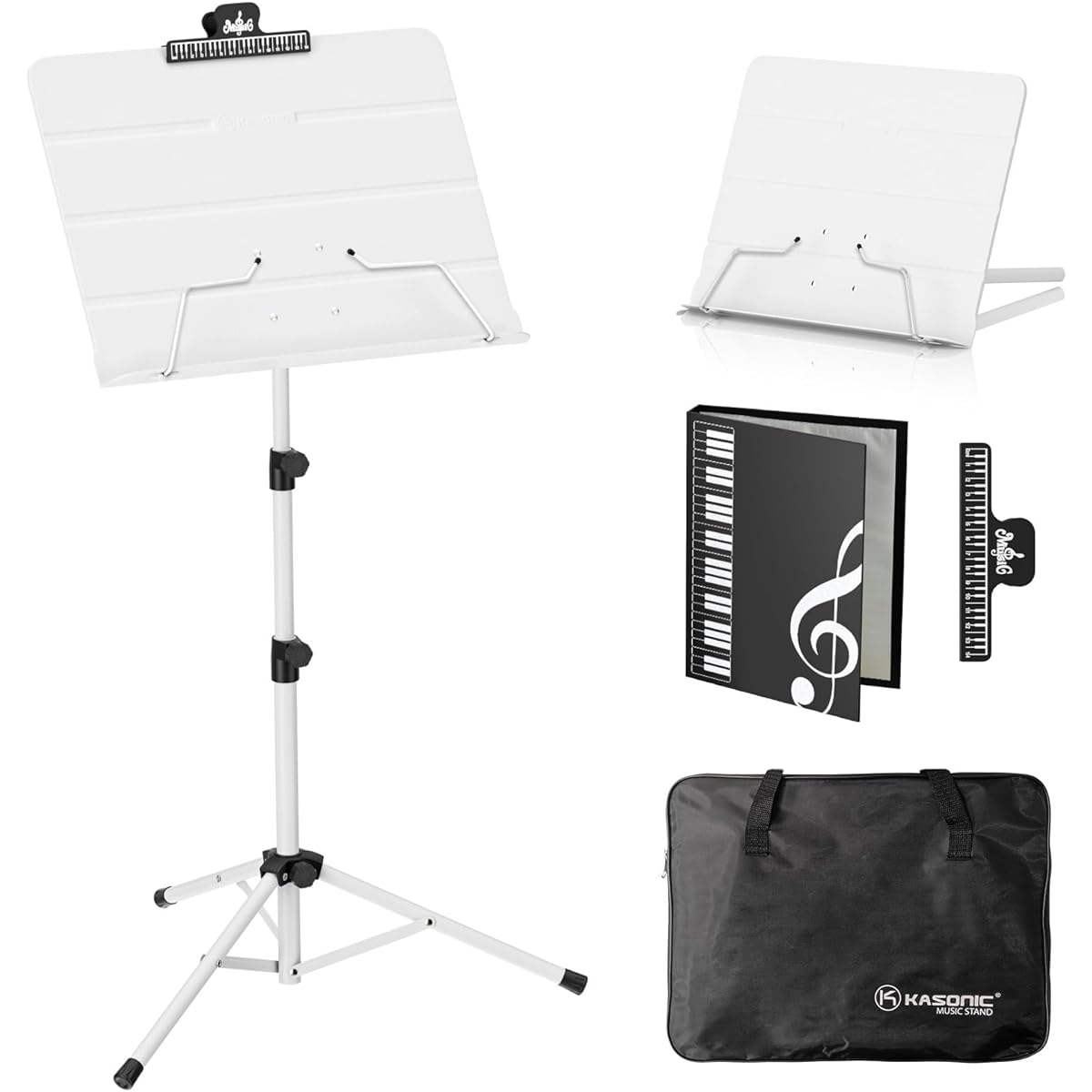 Kasonic Dual-Use Foldable Sheet Music Stand & Desktop Book Stand Portable Carry Bag Sheet Music Folder with Clip Holder (White)