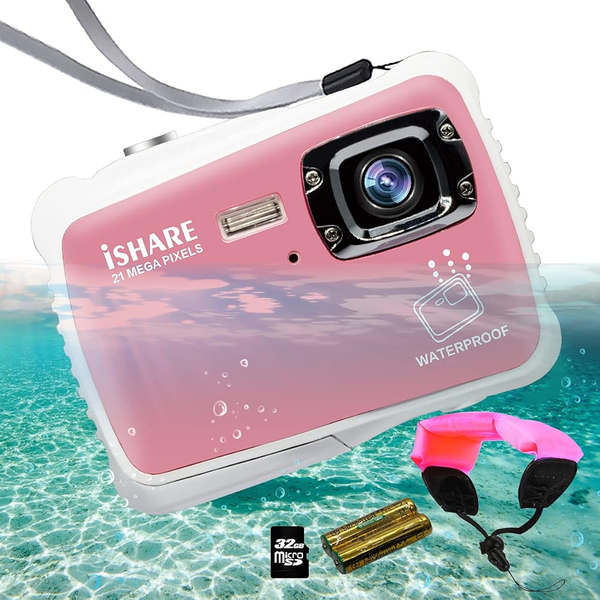 Kids Camera Waterproof Digital Camera 21MP HD 1080P Underwater Kids Camera 2" LCD 8X Digital Zoom Flash and Microphone Kids Boys Girls Gift (Cloud Pink Float Strap & 32G Card)