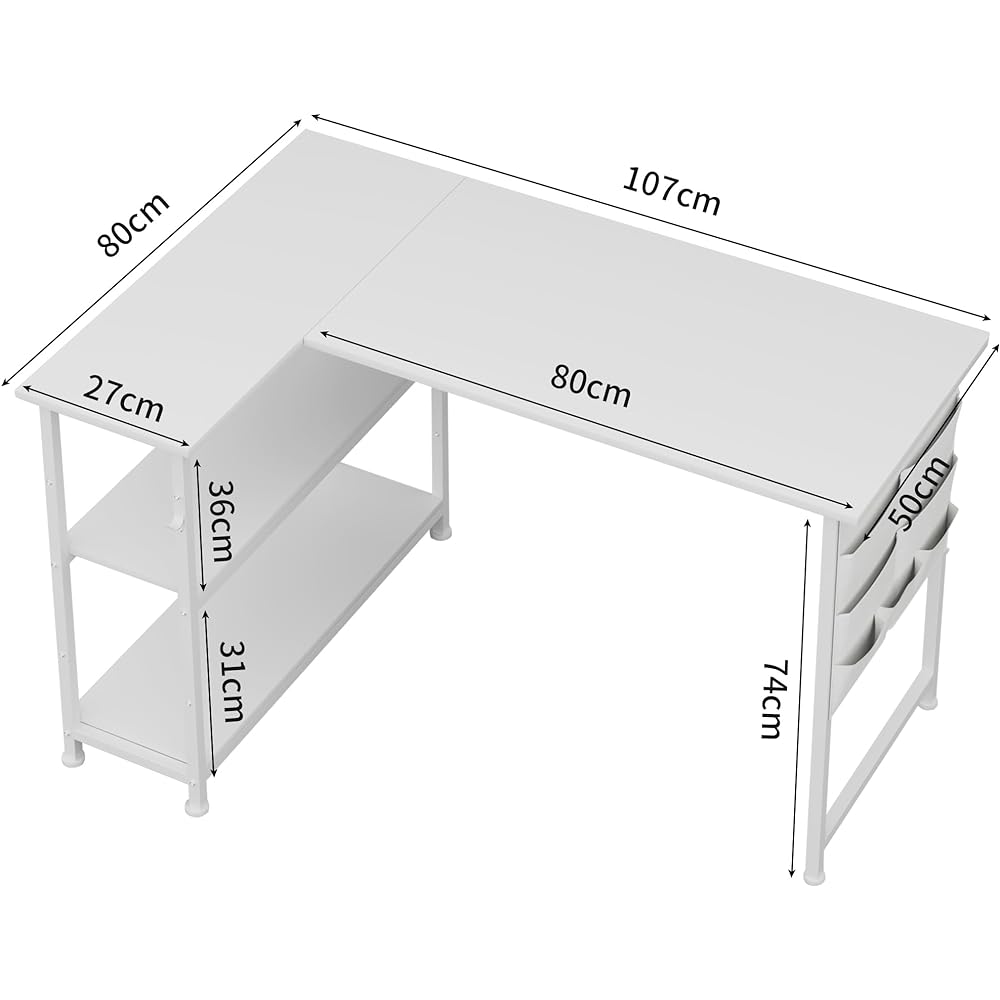 Alebert Desk L-shaped Desk Computer Desk "One Year Manufacturer's Warranty" Width 107cm Desk PC Desk Study Desk Table Work Desk Gaming Desk Desk with Rack L-shaped Desk Work Desk Office Desk Corner Desk Game Desk Adjustable Shelf Height Space Saving ( wh