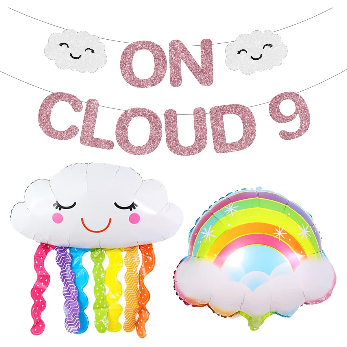 On Cloud 9th Birthday Decorations for Girls On Cloud 9 Banner Rose Gold Rainbow Cloud Balloon Cloud Rainbow 9th Birthday Party Supplies