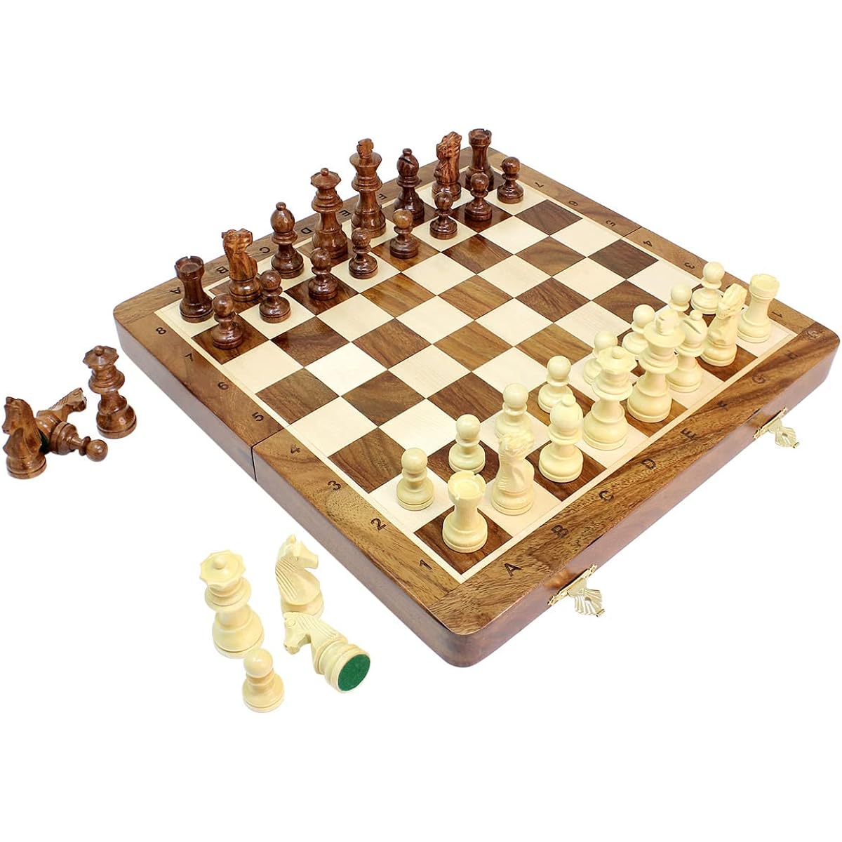 House of Chess - 12" Wooden Magnetic Folding Travel Chess Set/Board - 2 Extra Knights, 2 Extra Pawns, 2 Extra Queens & Algebraic Notation - Handmade - Golden Rosewood