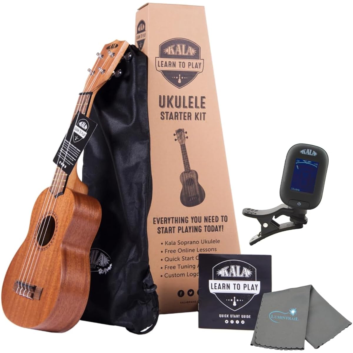 Kala Learn To Play Ukulele Soprano Starter Kit Online Lessons Tote Bag App & Book Set with Kala Tuner Lumintrail Polish Cloth
