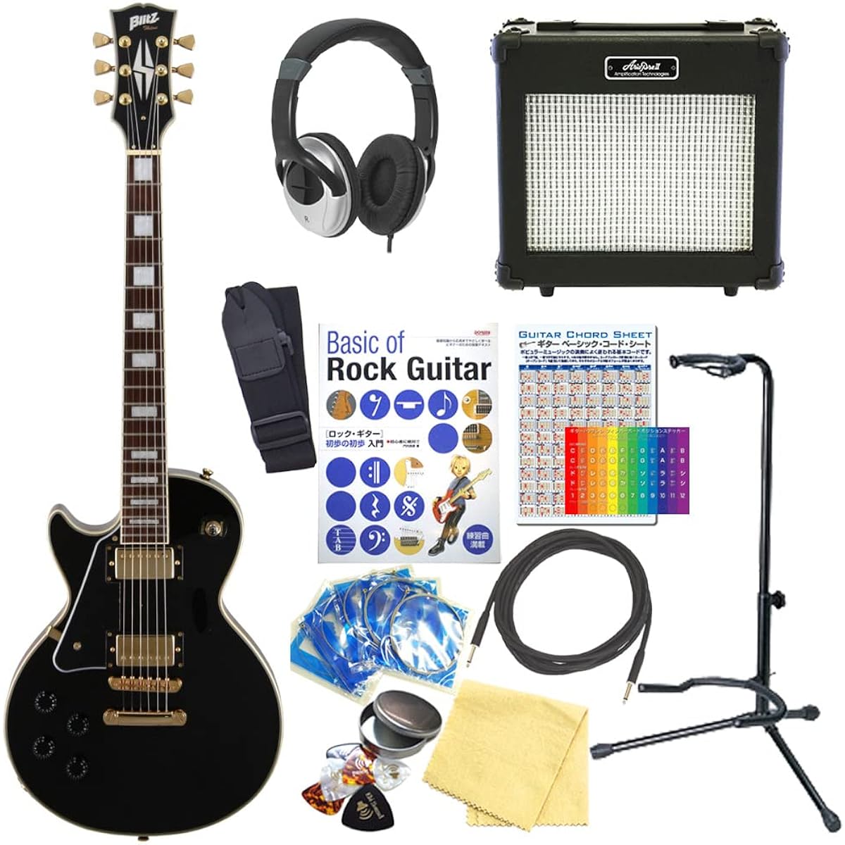 Electric Guitar Left-Handed Beginner Set Les Paul Custom Type 15-Piece Set Blitz BLP-CST LH BK