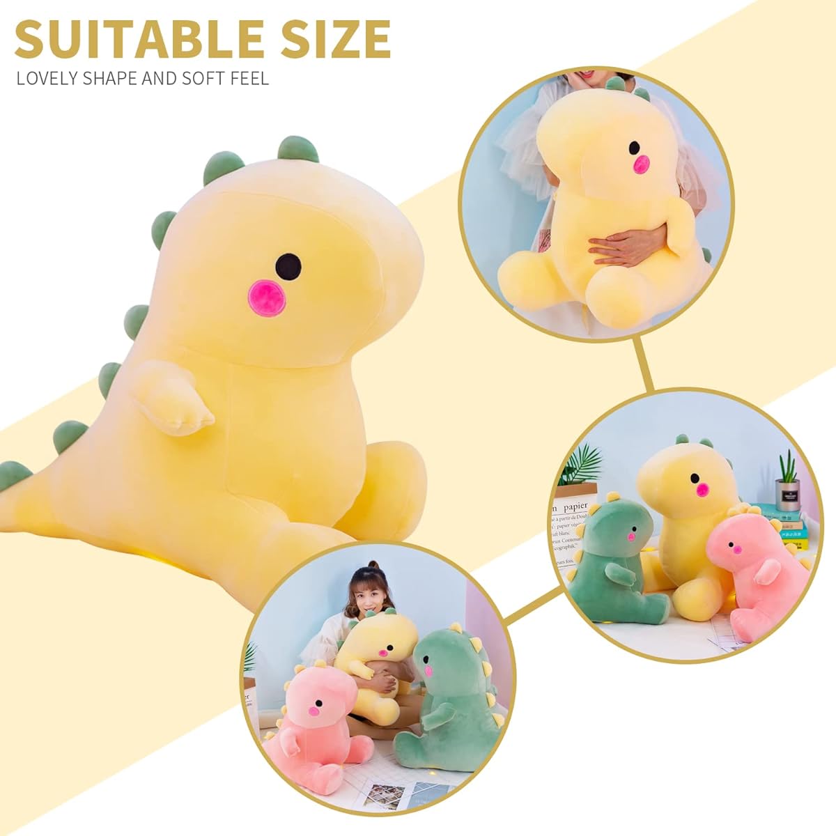 FPYWO Cute Dinosaur Plush Toy Yellow Thick Dinosaur Stuffed Animal 13.75 Inch Dinosaur Plush Throw Pillow Ultra Fabric Bed Rest Chair Gift for Boys and Girls