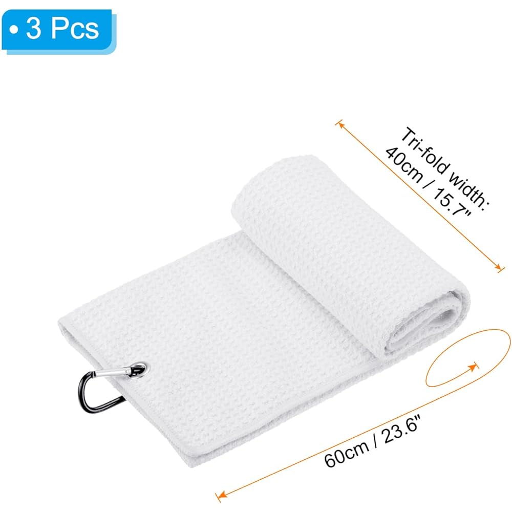 PATIKIL 60 x 40 cm Tri-Fold Golf Towel 3 Pieces Waffle Pattern Towel Soft Fiber Strong Water Absorption with D Clip for Golf Enthusiasts White