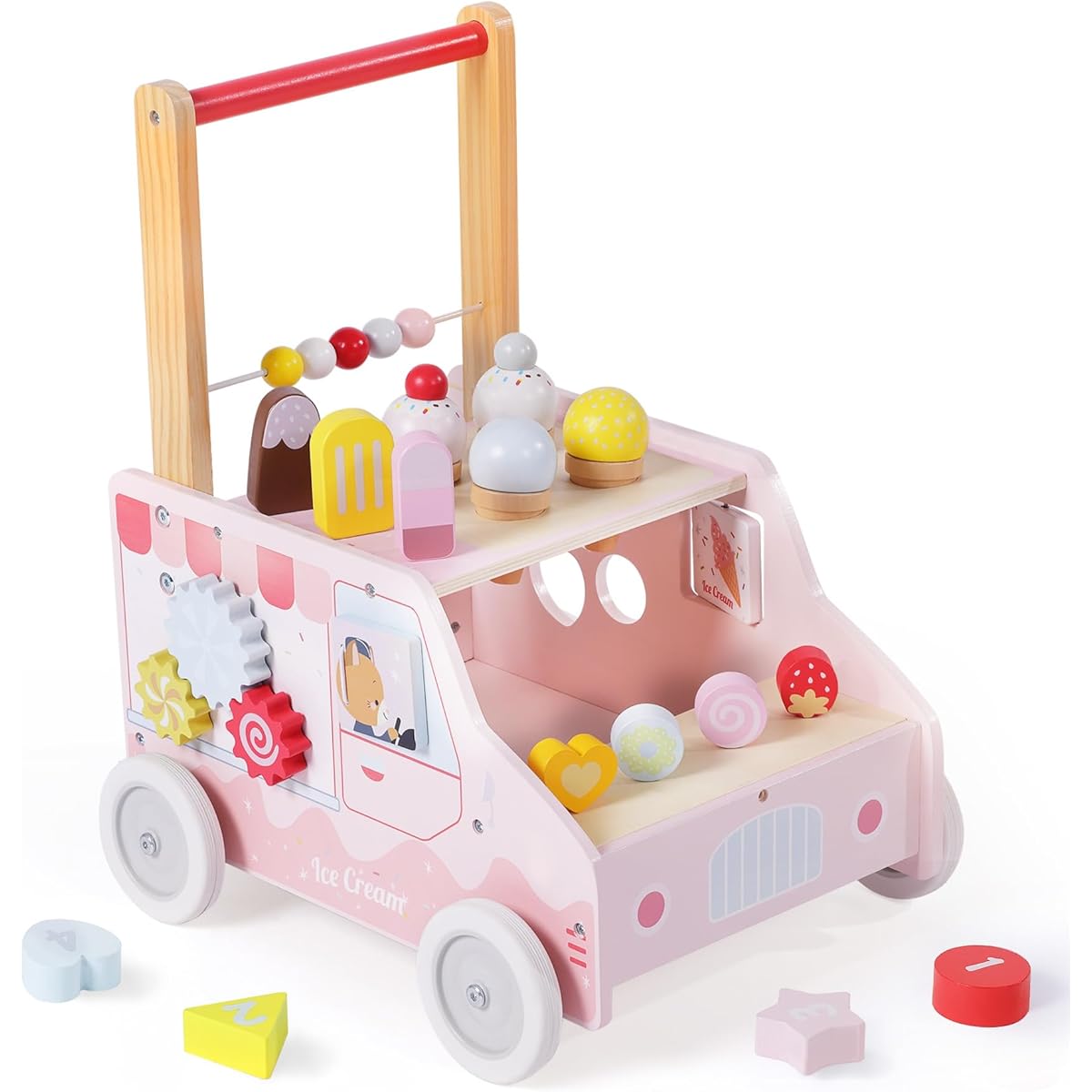 labebe Wooden Baby Walker with Wheels for Girls 12 Months Baby Push Walker for 1 Year Old Sit to Stand Walker for Baby Girl/Boy Ice Cream Cart for 1-3 Year Olds Toddler Pretend Play Dessert Truck