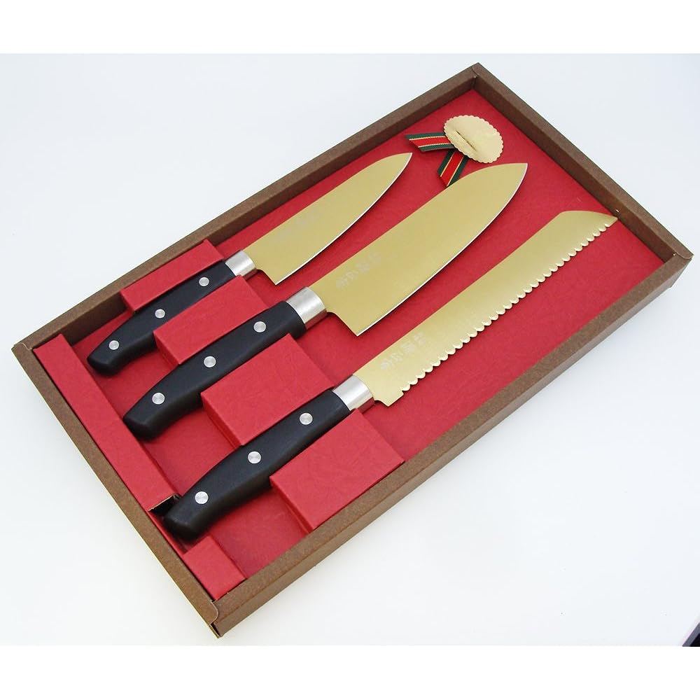 Satake Sangyo Knife Set of 3, Made by Masamune Minamoto, Gift Set, Titanium Coating, Santoku Knife, Bread Knife, Petty Knife, Gold HG3002M