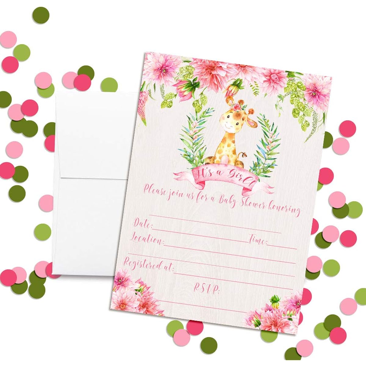 AmandaCreation Watercolor Dahlia Floral Giraffe Themed Baby Girl Sprinkle Shower Invitation 5"x7" 20 Cards Includes 20 White Envelopes