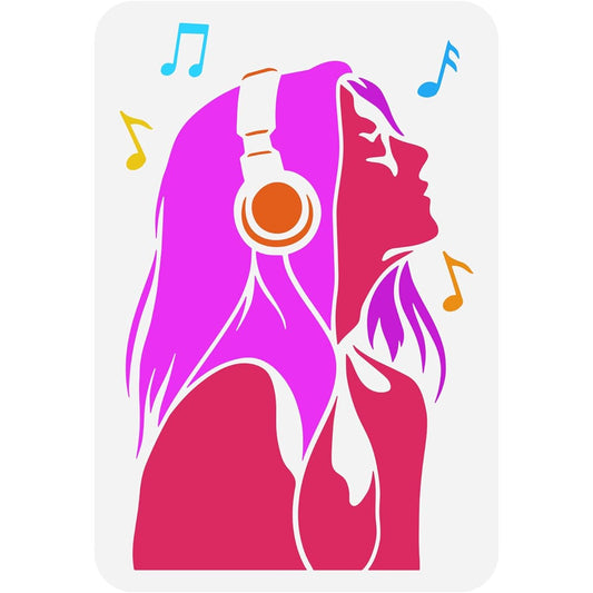 FINGERINSPIRE Girls Listening to Music Stencil 8.3 x 11.7 Inch Reusable Music Girl Silhouette Painting Template Headphones Decorative Stencil for Painting on Wood, Walls, Furniture