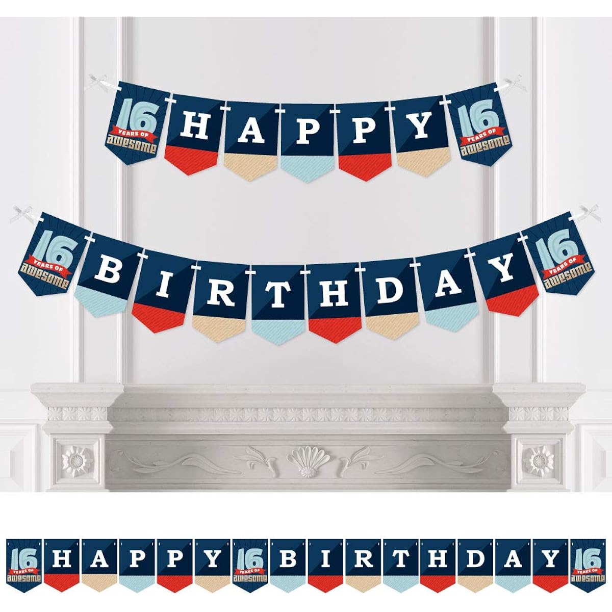 Big Dot of Happiness Boy 16th Birthday – Sweet Sixteen Birthday Party Flag Banner – Birthday Party Decorations – Happy Birthday