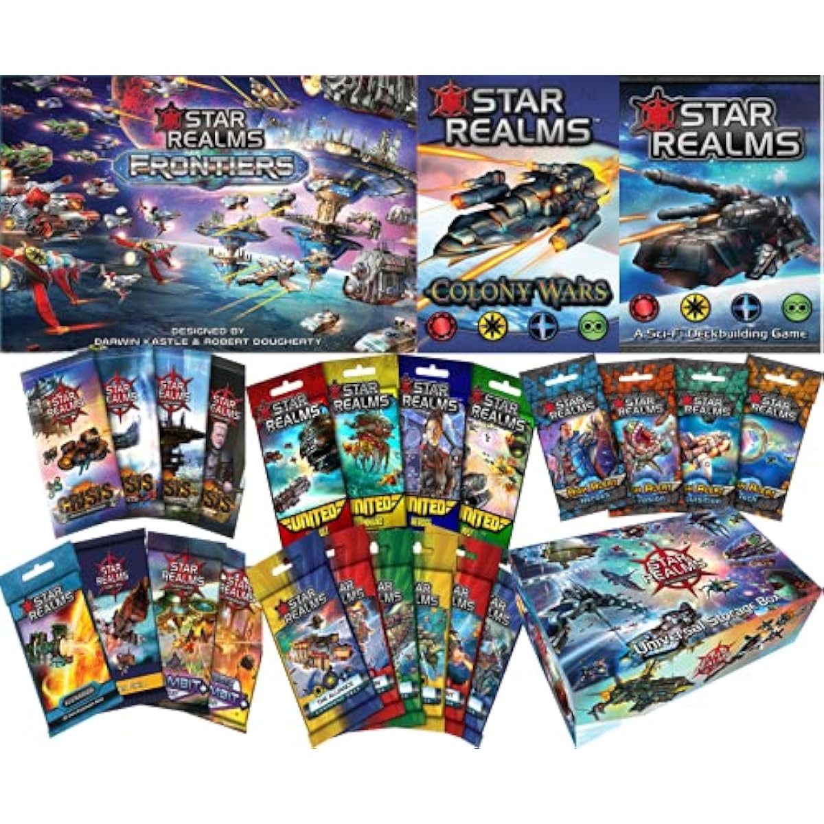 Star Realms Complete Bundle: Core Game, Colony Wars, Frontier, United, Command Deck, High Alert, Crisis, Gambit, Space Gambit, Scenario, 1 Promo Pack, Universal Storage Box