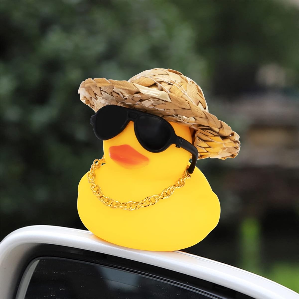wonuu Rubber Duck for Car, Yellow Duck Decorative Dashboard Sun Hat Swim Ring Necklace Sunglasses for Car Dashboard Decoration