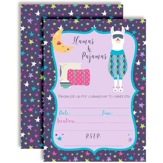 AmandaCreation Llama and Pajamas Sleepover Party Birthday Party Invitations - 20 5"x7" Cards with 20 White Envelopes Included