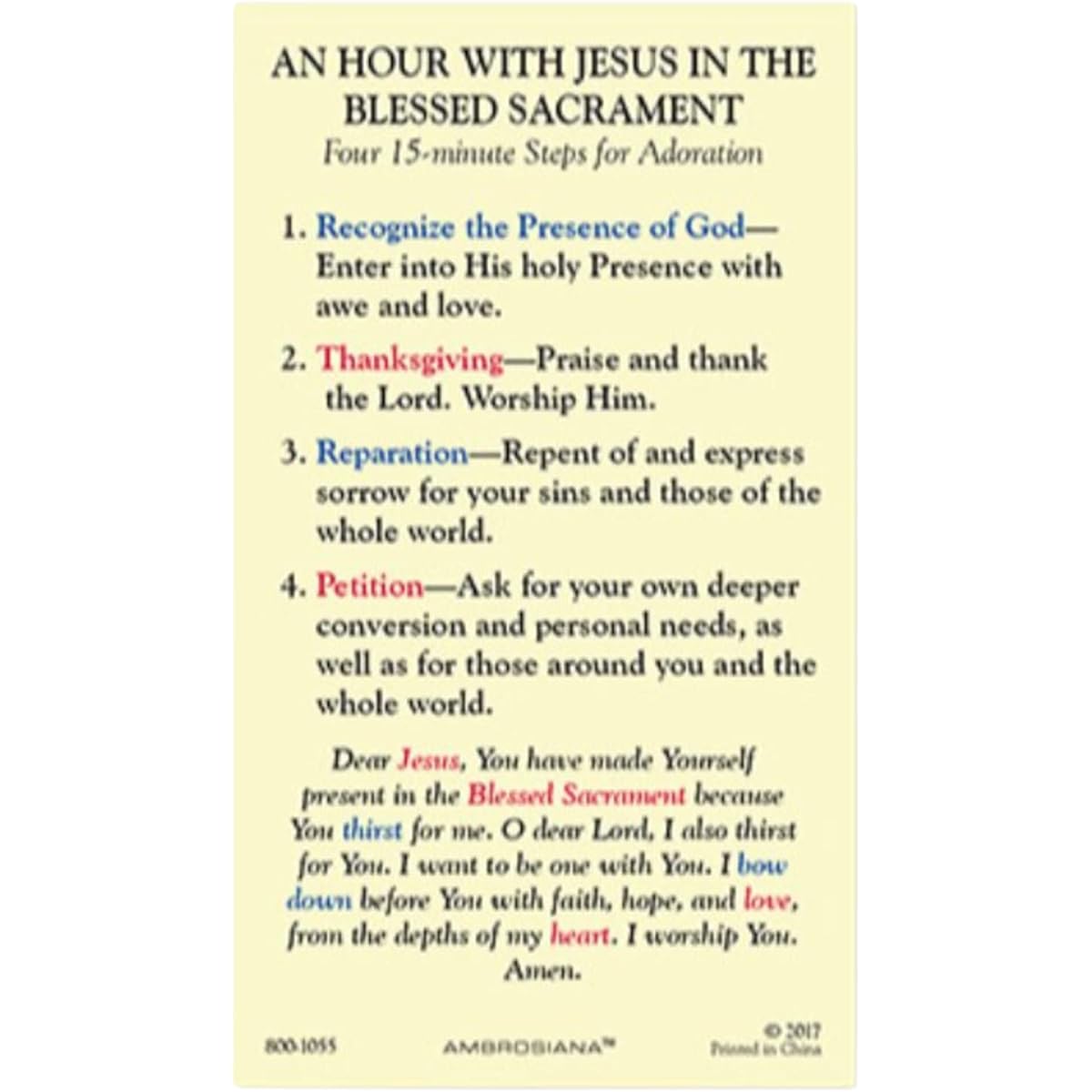 Needzo Adoration of the Blessed Sacrament Laminated Holy Cards for Christians Prayer Gifts 5 Pack 2-5/8" x 4-3/8" H