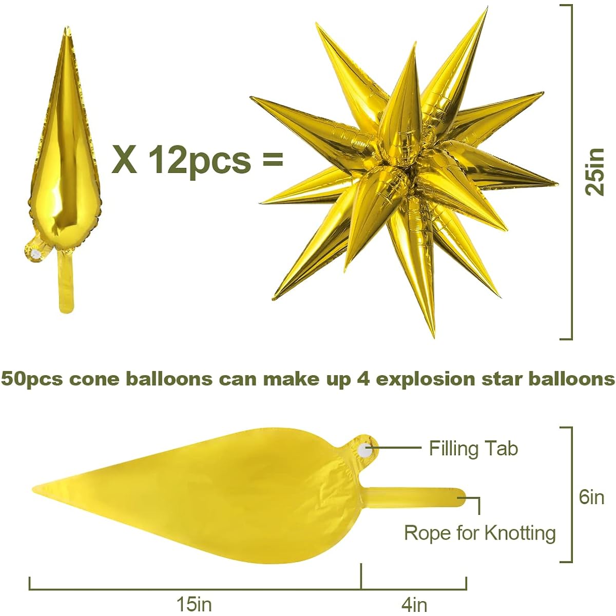 Simnuply 50 Pieces Gold Star Balloons Explosion Starburst Balloons Foil Balloons 12 Points Metallic Balloons Birthday Decorations Party Supplies Baby Shower Wedding Graduation Decorations