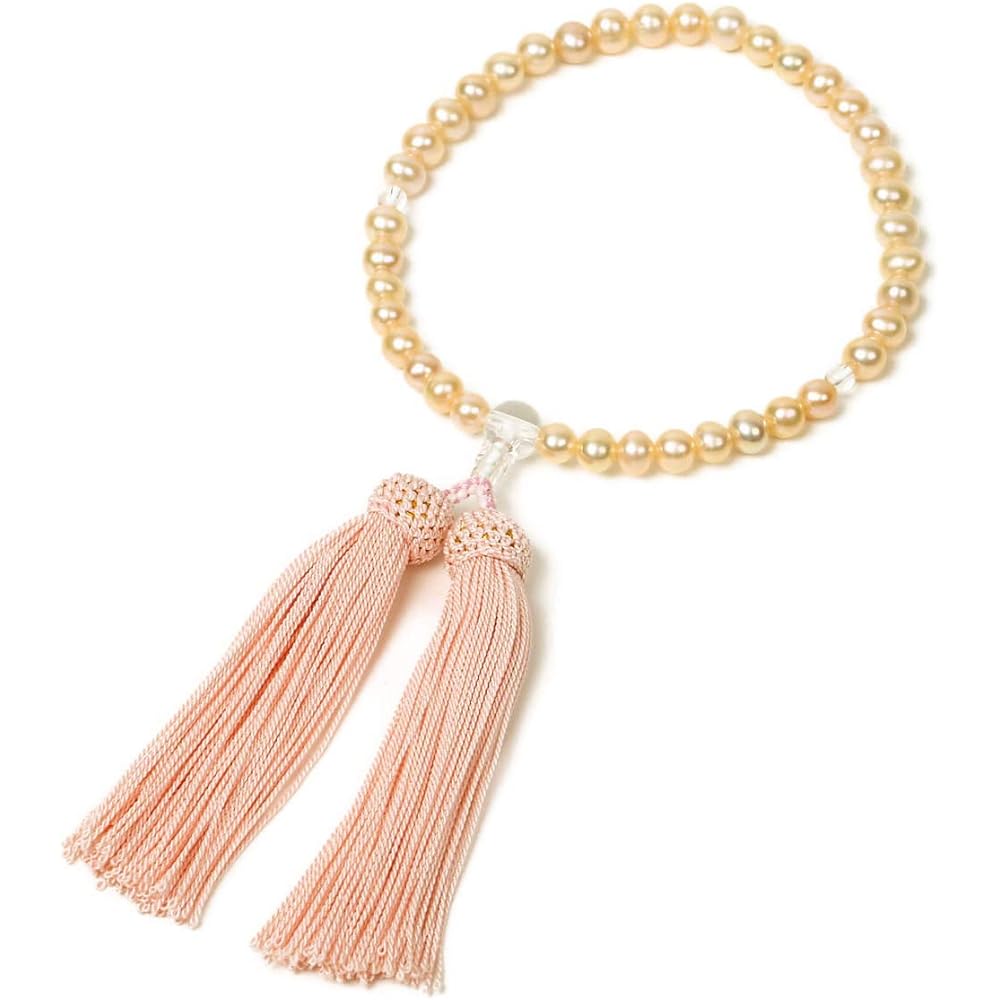 Nenjudo <Made in Japan Prayer Beads> Women's Freshwater Pearls (Pink Orange) with Crystal [Bead Bag Included] Pure Silk Tassel (100% Silk) Domestic Handmade Prayer Beads that Can Be Used by All Sects [Long-established Prayer Bead Manufacturer Founded Ove