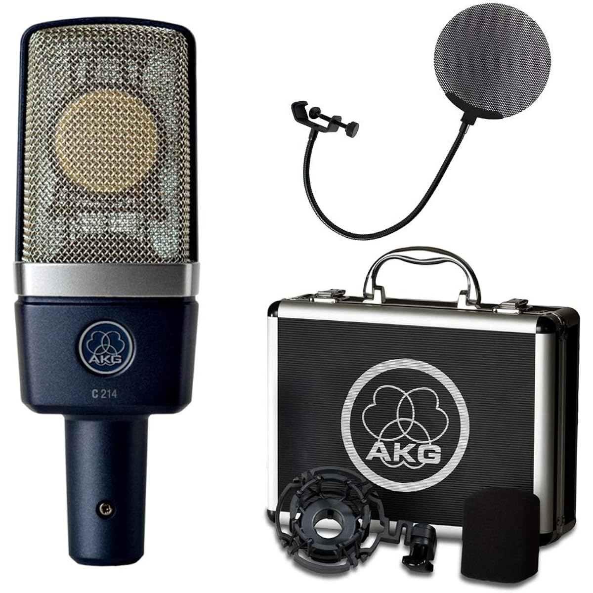 AKG C214 Condenser Microphone + Metal Pop Guard Set