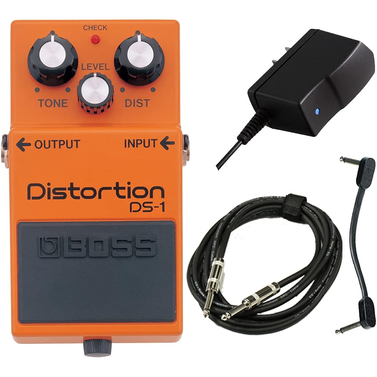 BOSS/DS-1 Distortion AC Safe Start Set - Genuine AC Adapter PSA100S2, Guitar Cable, Patch Cable -