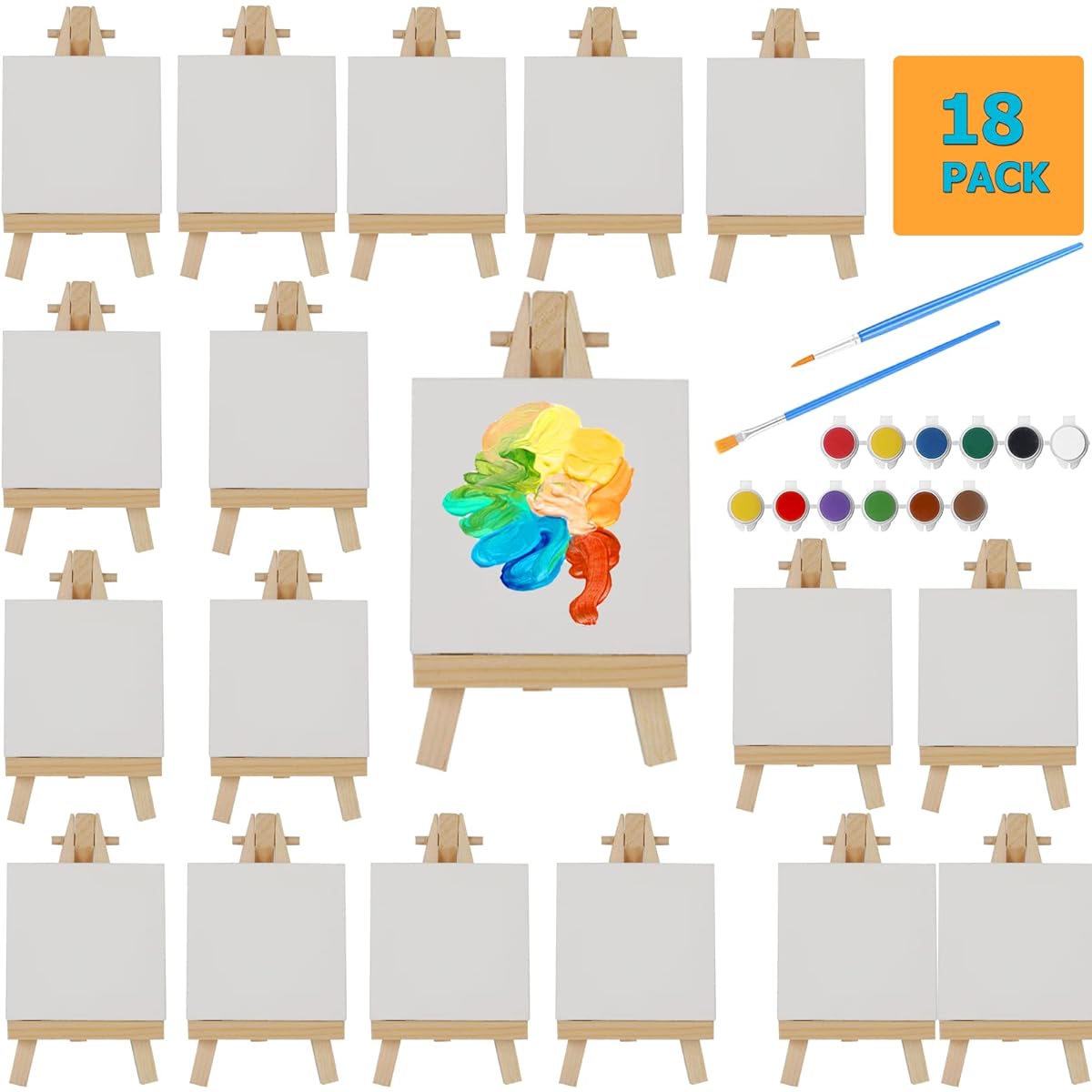 Gredak Mini Canvas Painting Easel Set - 18 Pieces 3 x 3" Mini Canvases, 18 Pieces 5" Mini Easel, Acrylic Paints, Brushes, Small Canvases for Adults and Kids, Art Supplies, Painting Supplies