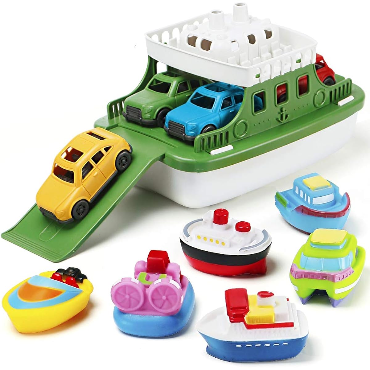 Bath Boat Toy, 11 Piece Bath Boat Toy with 4 Mini Cars and 6 Boat Squirters, Floating Boat Toy for Bathtub Bathroom Pool Beach Toddler Boys Girls Kids