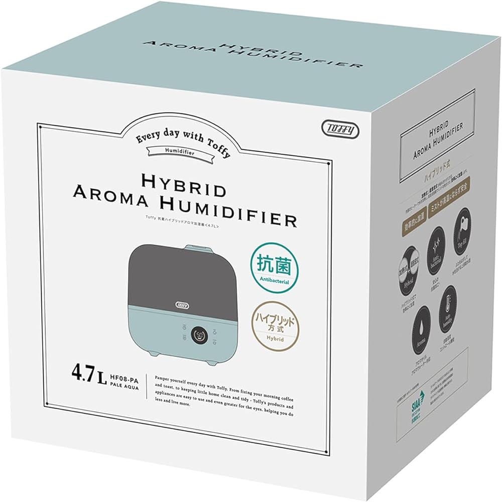 [Toffy] Antibacterial hybrid aroma humidifier <4.7L> HF08 (Pale Aqua) Top water supply type, long-term humidification, long nozzle, automatic humidity control function, with timer, compatible with aroma oil and aroma water, antibacterial treatment HF08-P