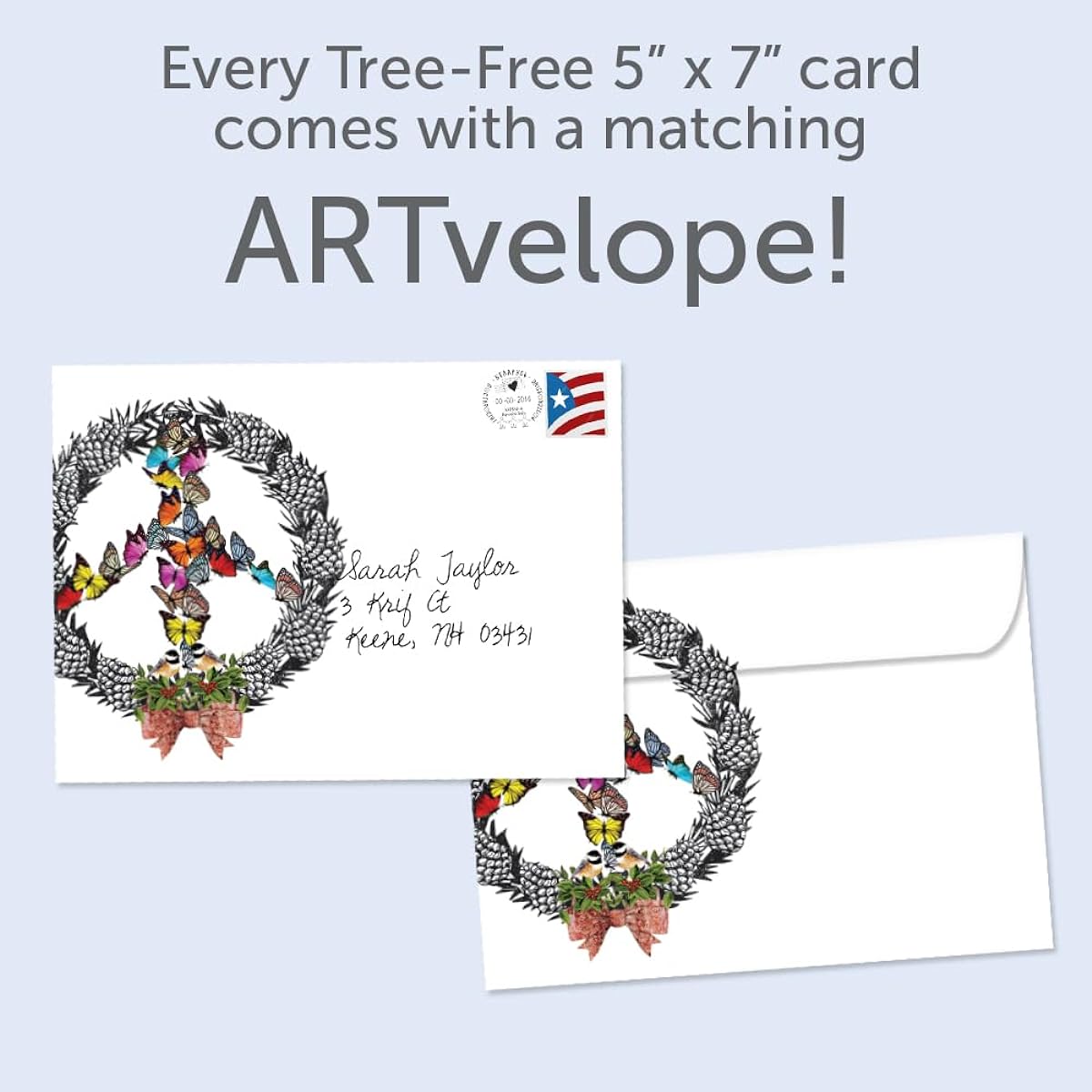 Tree-Free Greetings 2 Pack Christmas Greeting Cards with Matching Envelopes, Eco-Friendly, Made in the USA, 100% Recycled Paper, 5" x 7" Peace Wreath (GT64256)