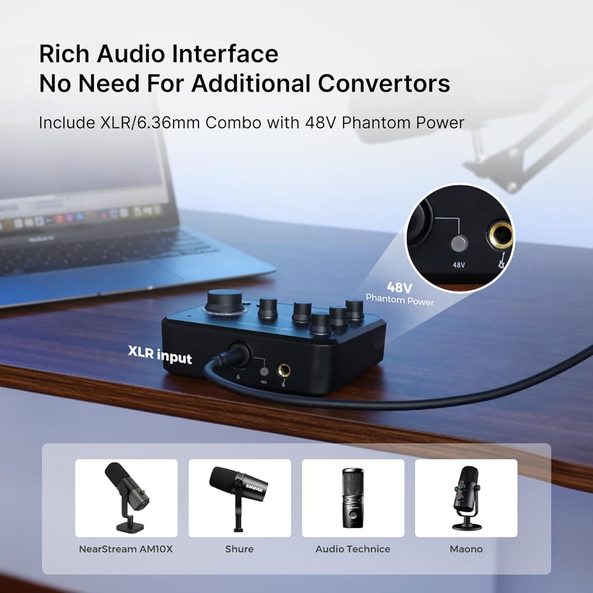 NearStream Audio Mixer Rechargeable Bluetooth USB Streaming/Podcast/Recording with XLR Microphone Connector 48V Power Supply Compatible with PC/Smartphone/Guitar Youtube/TikTok AMIX20B