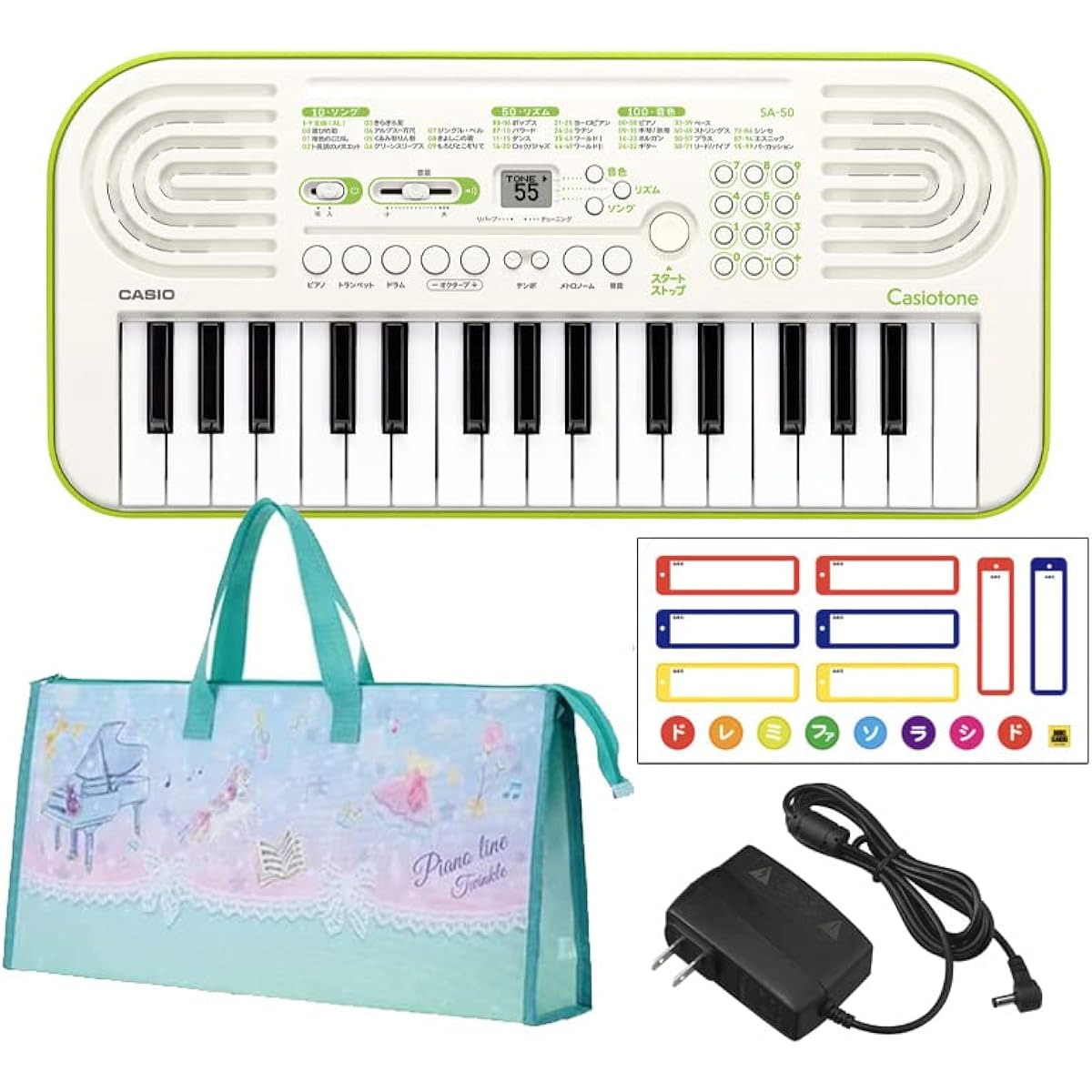 CASIO Mini Keyboard Set [With Name Do Re Mi Seal] (Body (White) + Storage Bag (Twinkle) + Dedicated AC Adapter)